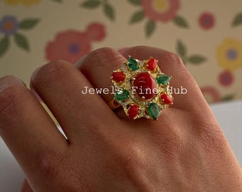 Natural Italian Red Coral Gemstone Natural Pave Diamond Ring Solid 925 Sterling Silver Green Emerald Gemstone Ring Yellow Gold Ring Jewelry