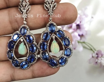 Handmade Sterling Silver Opal Drop Earrings, Diamond & Kyanite