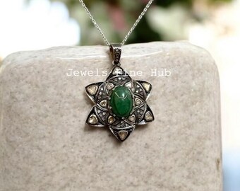 Natural Emerald & Polki Diamond Pendant Necklace, 925 Sterling Silver Handmade Jewelry