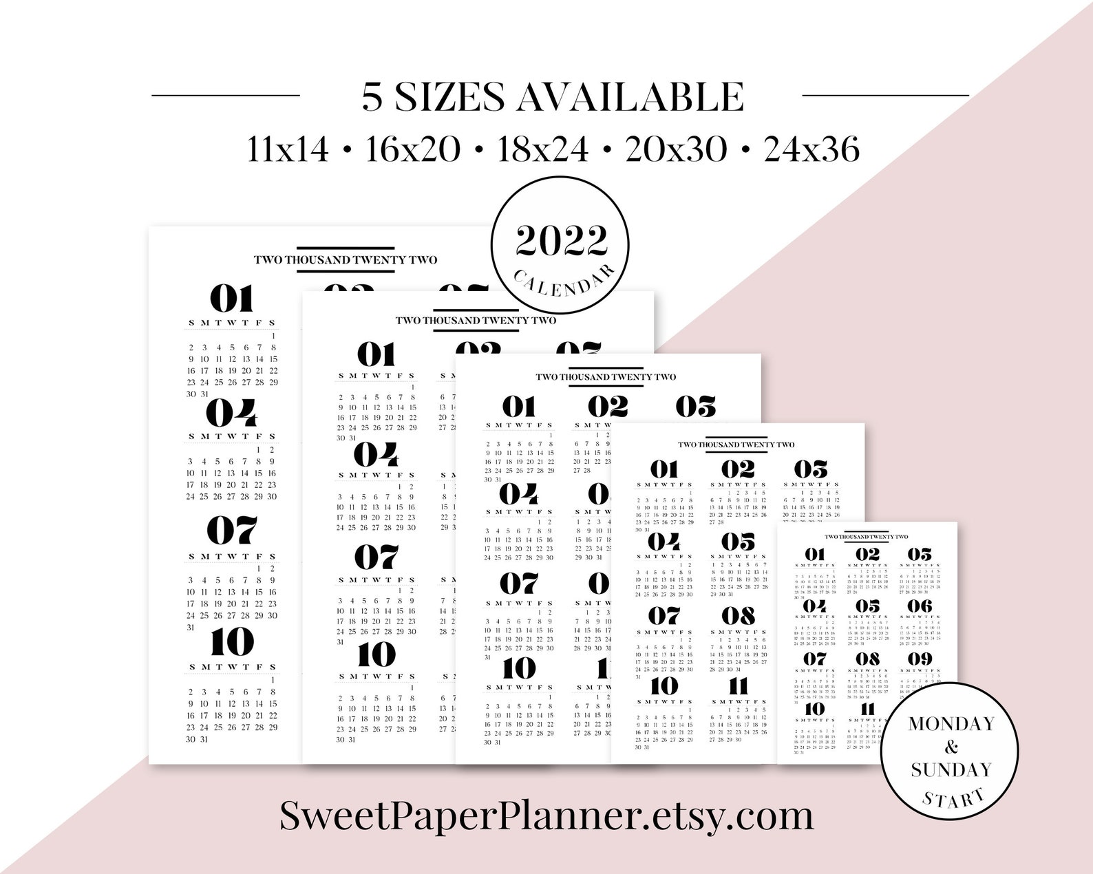 2022 Yearly Calendar Printable Year at a Glance Overview | Etsy
