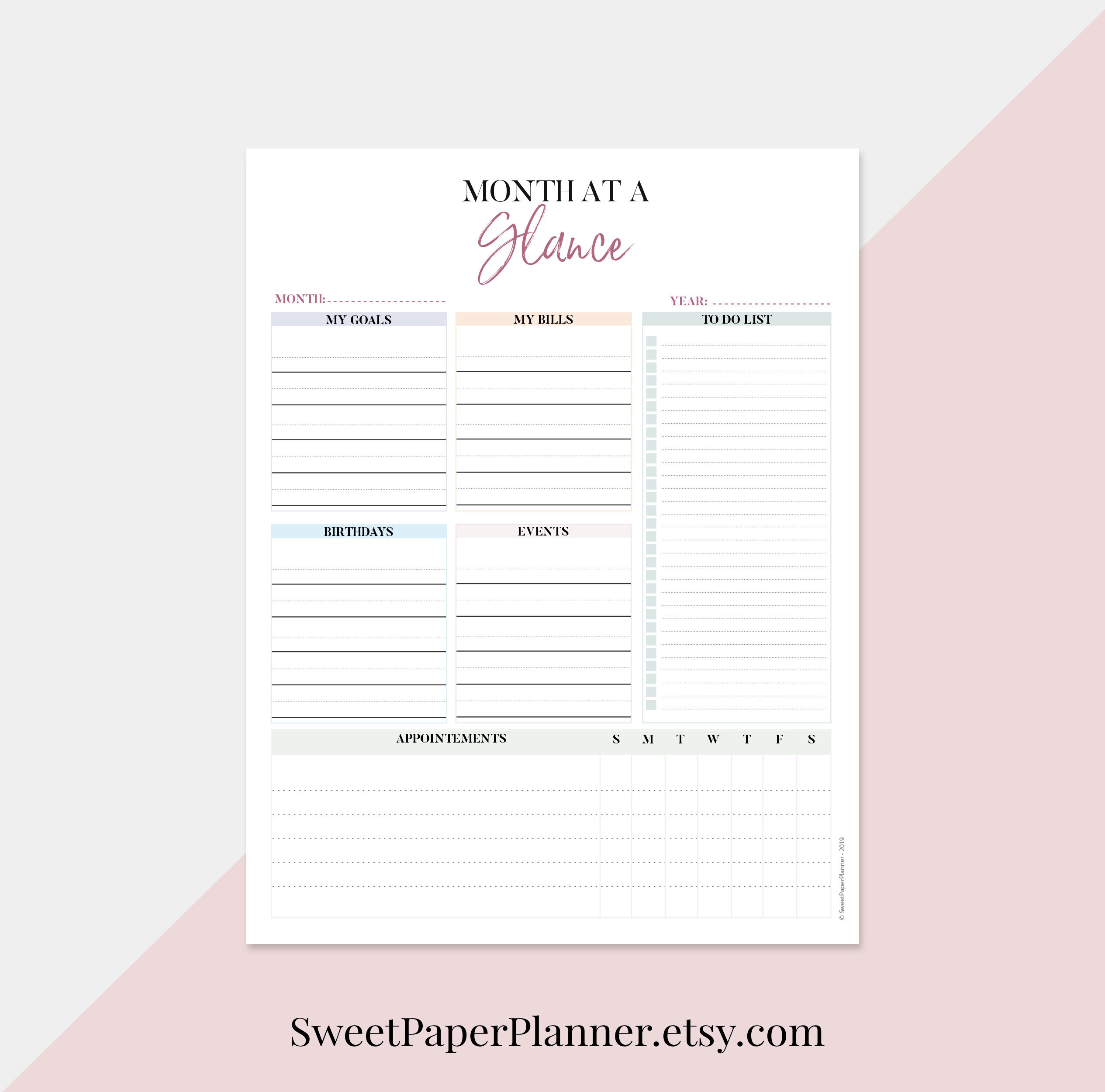 Month At A Glance Printable Day At A Glance Monthly Overview | Etsy