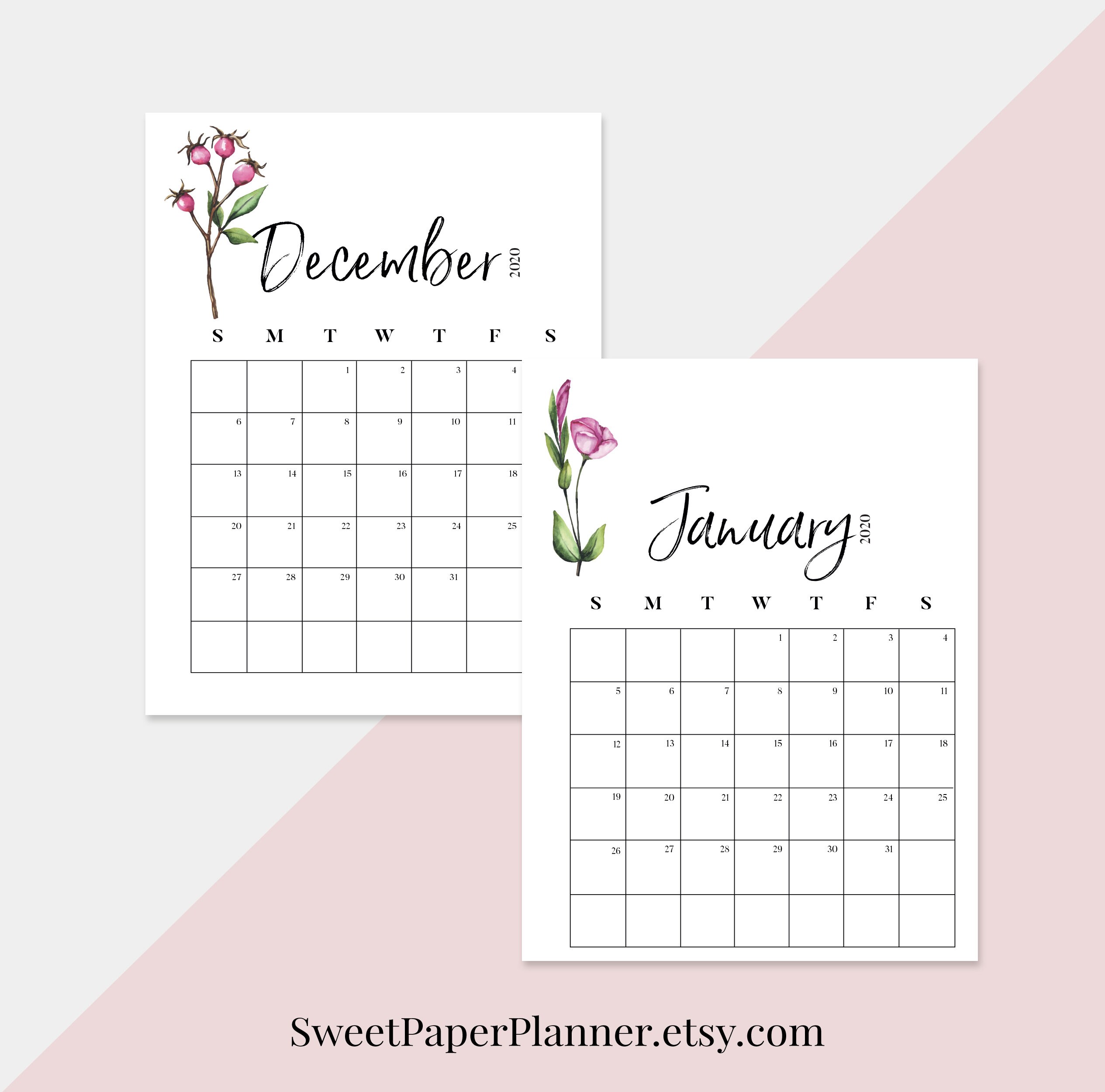 Printable Monthly Calendar 2020 Floral Monthly Calendar 2020 Etsy