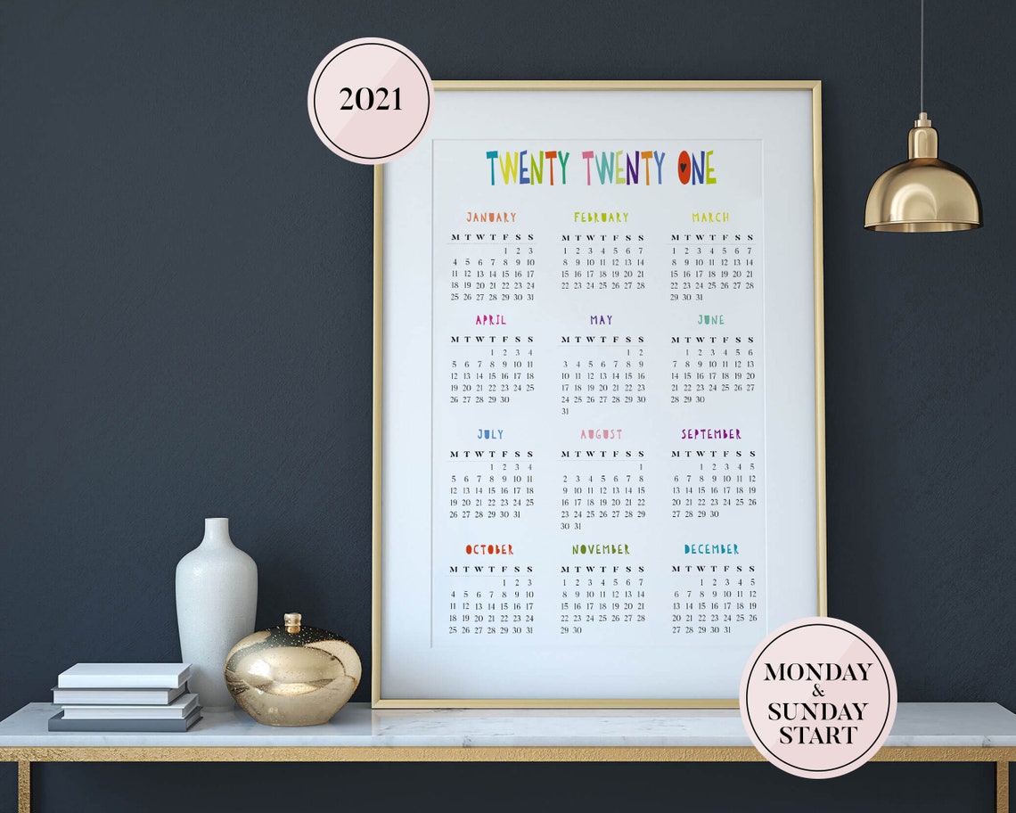 2021 Yearly Calendar Print Printable 2021 Calendar Etsy