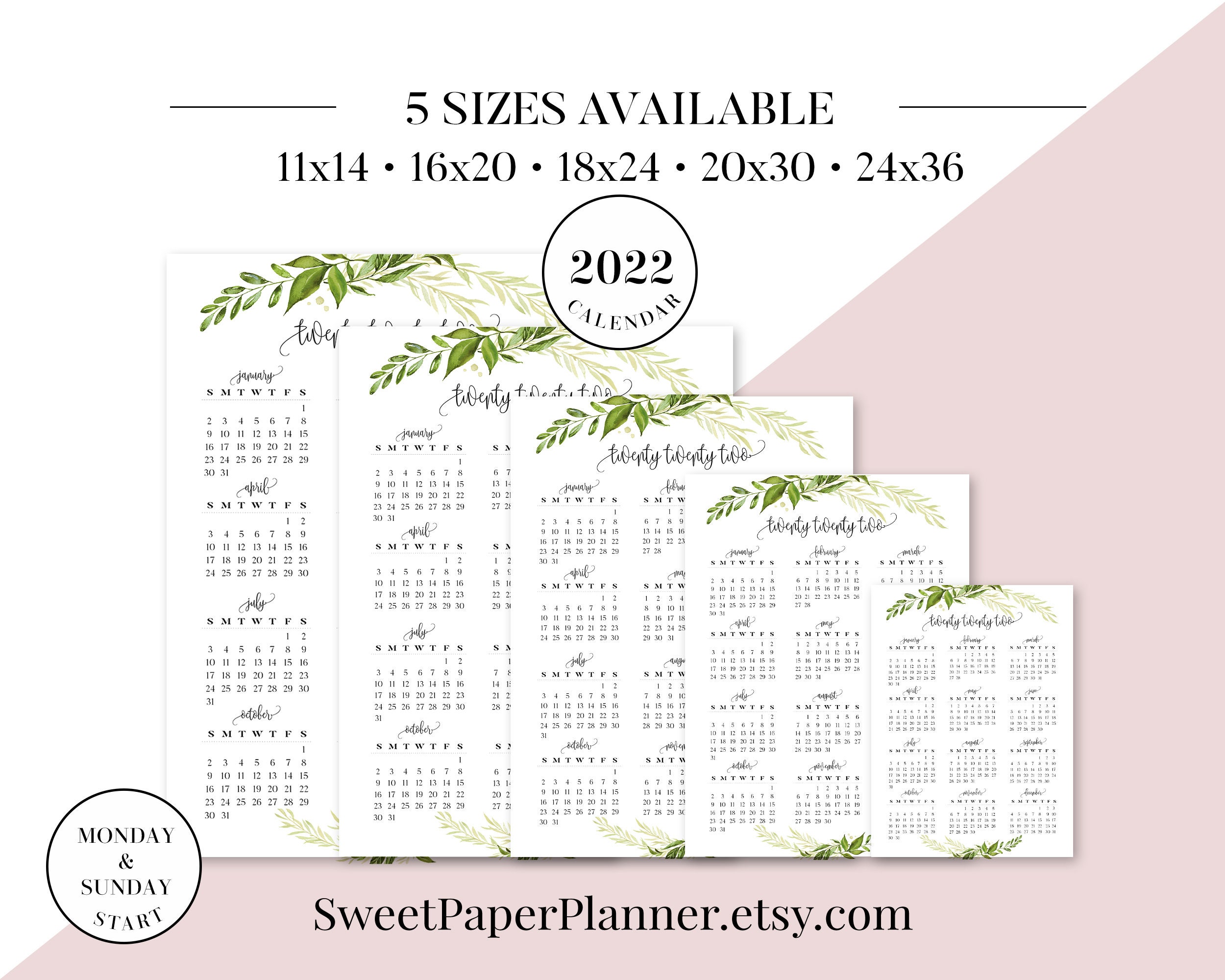 2022 yearly calendar print printable 2022 greenery