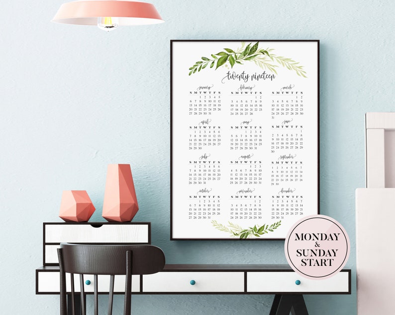 2019 Yearly Calendar Print Printable 2019 Botanical Calendar Etsy