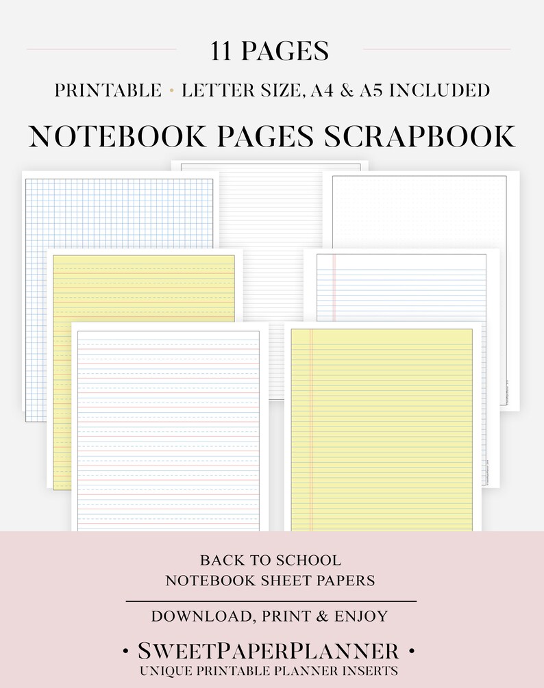 notebook pages scrapbook printable back to school set dot grid paper graph paper journal lined paper notebook paper penmanship paper penmenship paper