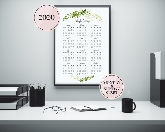 2020 Yearly Calendar Print Printable 2020 Botanical Calendar Etsy