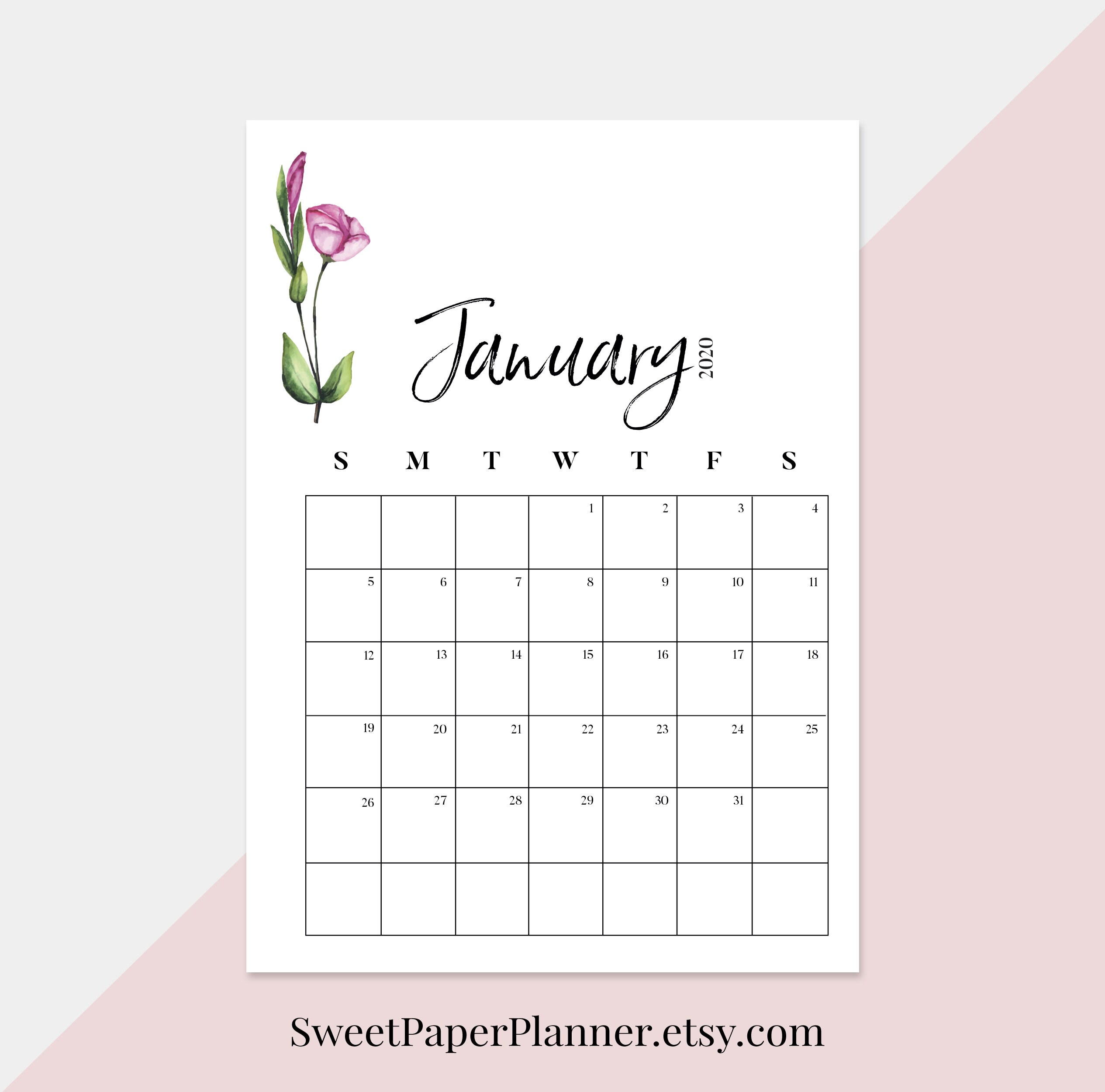 Printable Monthly Calendar 2020 Floral Monthly Calendar 2020 Etsy