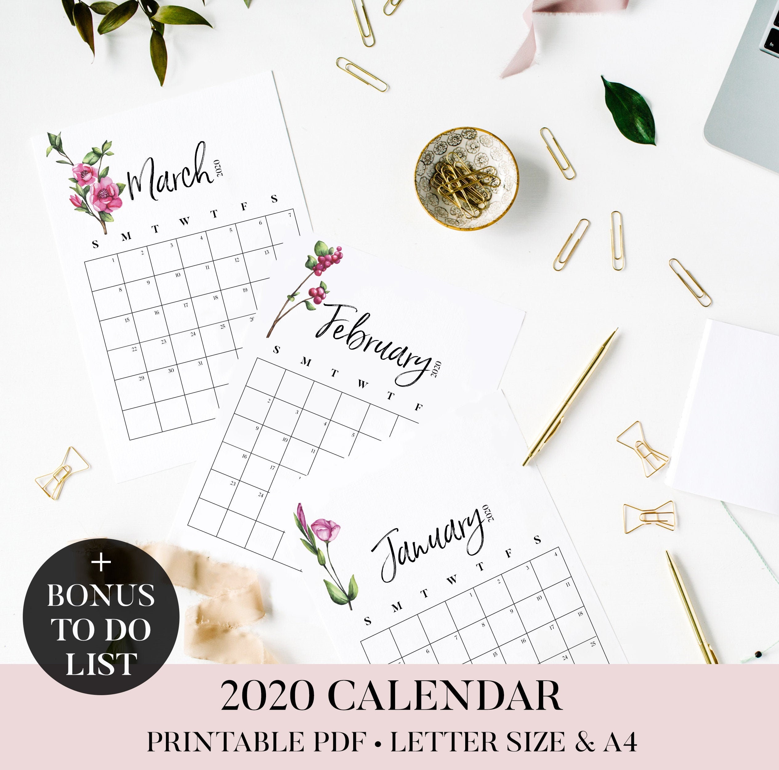 Printable Monthly Calendar 2020 Floral Monthly Calendar 2020 Etsy