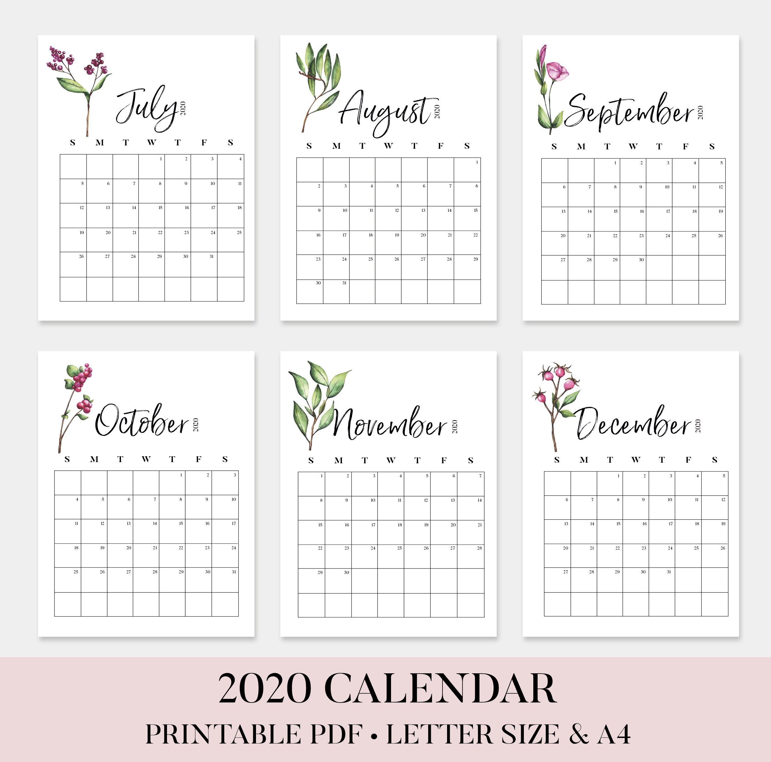 Printable Monthly Calendar 2020 Floral Monthly Calendar 2020 Etsy