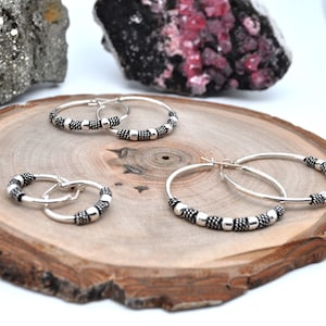 Créoles en Argent | Boucles d'oreilles créoles à motifs argent massif | Boucles d’oreilles à cerceau à levier | Argollas Plata peruana