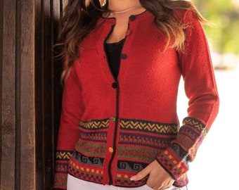 Gilet Péruvien 100% Baby Alpaga Rouge – Cardigan Alpaga Tissé Main au Pérou – Gilet Alpaga Luxe Éthique – Veste Andine Artisanale