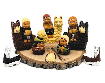 Handcrafted Peruvian Nativity Set "Three Wise Men on Llamas" – 8-Piece Clay Figurine Set with Traditional Chuyitos Hats