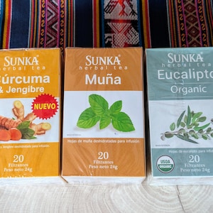 May include: Three boxes of herbal tea, each with a different flavor: Turmeric & Ginger, Mu&ntilde;a, and Eucalyptus Organic. Each box has a 20-count of tea bags and weighs 24 grams.