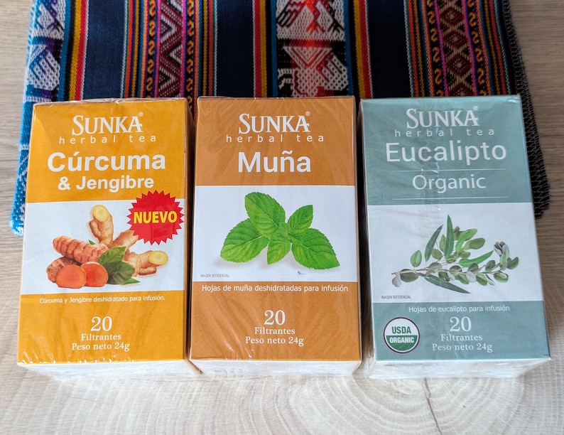 May include: Three boxes of herbal tea, each with a different flavor: Turmeric & Ginger, Mu&ntilde;a, and Eucalyptus Organic. Each box has a 20-count of tea bags and weighs 24 grams.
