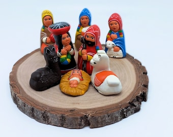 Handcrafted Peruvian Nativity Scene - 8 terracotta pieces with traditional Chincheros hats