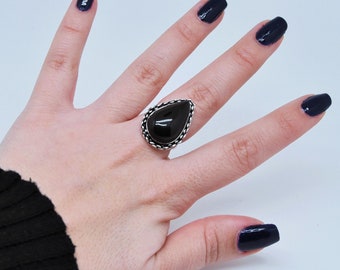 ONYX - Sterling Silver Ring with Onyx - Timeless Elegance, Work of Art to Wear - Adjustable Size 53-55 FR