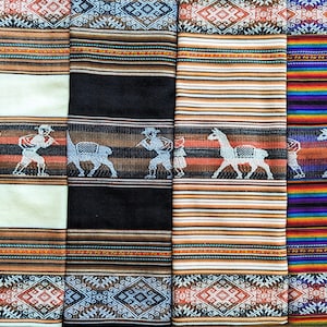 May include: Six colorful woven textiles with intricate patterns and designs. The textiles feature geometric shapes, stripes, and images of llamas and people. The textiles are a vibrant mix of red, orange, yellow, green, blue, purple, and brown.