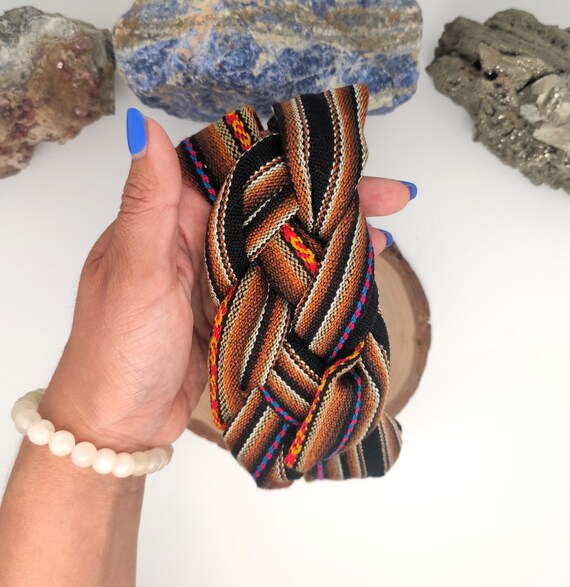 Artisan-made. Multicolor Woven Leather & Fabric Headband. Unique.! Exquisite Handmade Peruvian Fabric Headband Unique Accessory  main image 2