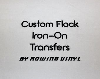 Flock iron on letters and numbers, 1-10cm tall. Personalised, wide variety of colours. Can be made with other fonts.