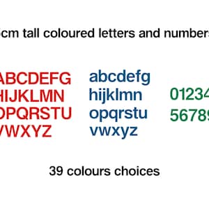 15cm tall coloured adhesive vinyl letters and number stickers, suitable for indoor and outdoor use.