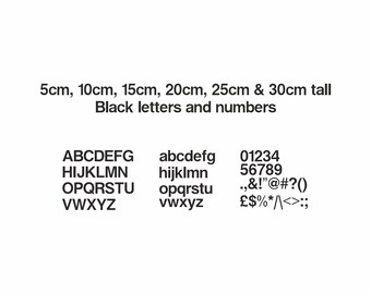Black adhesive vinyl letter and number stickers, suitable for indoor and outdoor use.