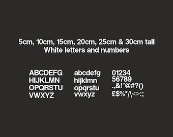 White adhesive vinyl letter and number stickers, suitable for indoor and outdoor use.
