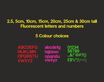 Fluorescent high visibility adhesive vinyl letters and number stickers, suitable for indoor and outdoor use.