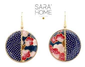Japanese earrings, spring earrings, original red flower earrings on a navy blue background