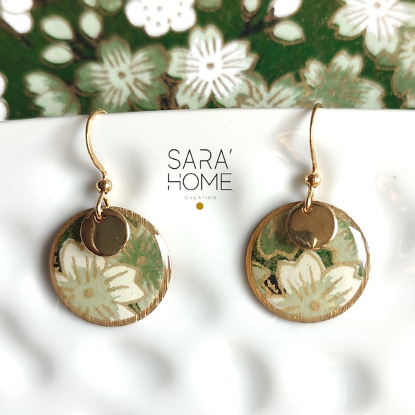 Earrings gold plated small round in Washi paper flowery green and gold