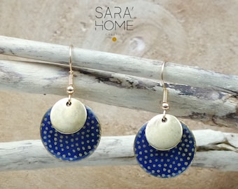 Japanese style earrings, navy blue Japanese paper with gold polka dots, original gift for Mother's Day