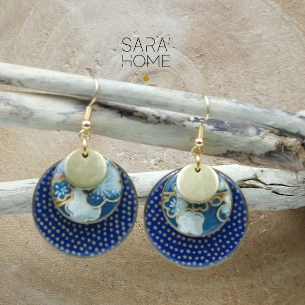 Collection fleur japonaise, Boucles d'oreilles plaqué or multi rond en papier Washi fleuri bleu nuit