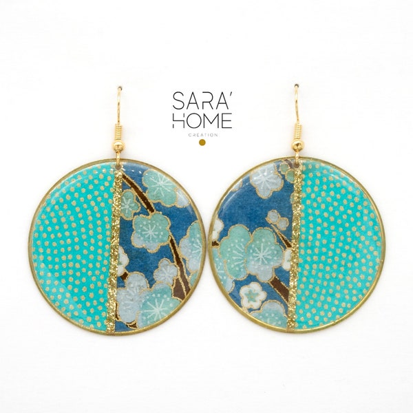 Large earrings in traditional Japanese blue floral paper, Japanese gold-plated jewelry, water green polka dot washi paper