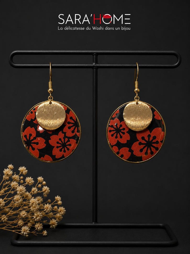 Handmade Earrings Japanese Washi Paper With Large Red Flowers On A handmade-earrings-japanese-washi-paper-with-large-red-flowers-on-a