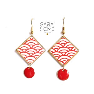Gold plated earrings, Japanese jewelry, Japanese paper, red wave paper, perfect gift for Christmas