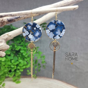 ORECCHINI A FIORE BLU, Orecchini FRANGE lunghi, Orecchini giapponesi, Orecchini ad anello in ottone di ispirazione giapponese con frange di carta Washi