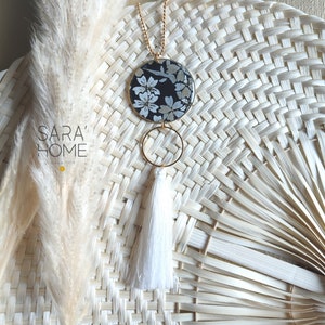 Collana collana lunga in carta Washi floreale bianco e nero