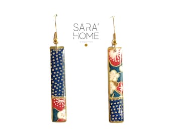 Japanese Flower Collection, Long Rectangle Gold Plated Earrings in Dark Blue and Red Floral Washi Paper