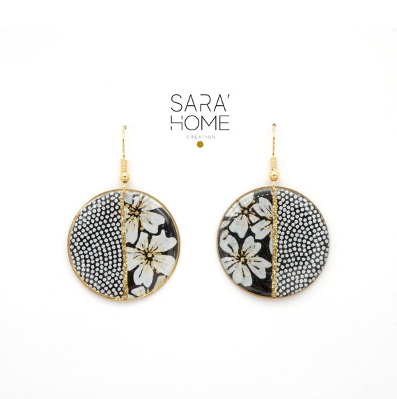 Buy Earrings Japanese Style Paper Black and White Flowery