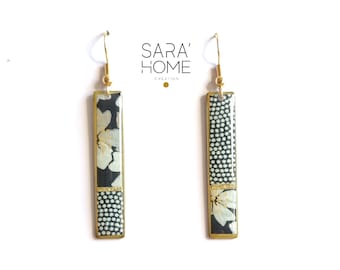 Asymmetrical earrings, gold plated, long rectangle in black and floral Washi paper