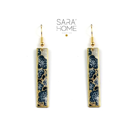 BOUCLES D'OREILLES barres verticales, boucles d'oreilles bleu foncé, boucles d'oreilles japonaises en papier Washi imprimé floral