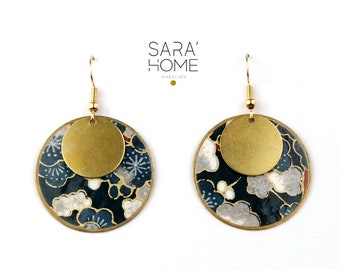 Japanese Dark Blue Botanical Earrings, Minimalist Stainless Steel Earrings, Washi Paper Earrings