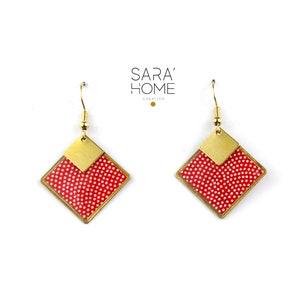Collezione carta giapponese a pois, piccoli orecchini quadrati placcati oro in carta Washi a pois rossi e bianchi