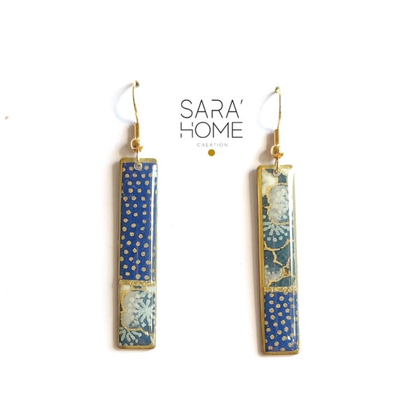 Asymmetrical earrings, gold plated, long rectangle in navy blue and floral Washi paper