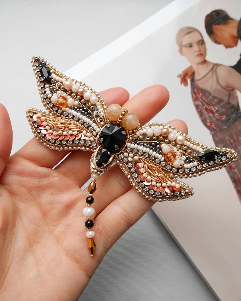 Embroidered insect pin Trendy insect jewelry beige dragonfly brooch handmade gold black insect Tropical animal brooch