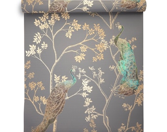 Celina Digby® Luxury Designer Wallpaper Non-Woven Paste the Wall Easy Paste Matt Finish Eco Friendly Exotic Birds Design - Peacock Grey