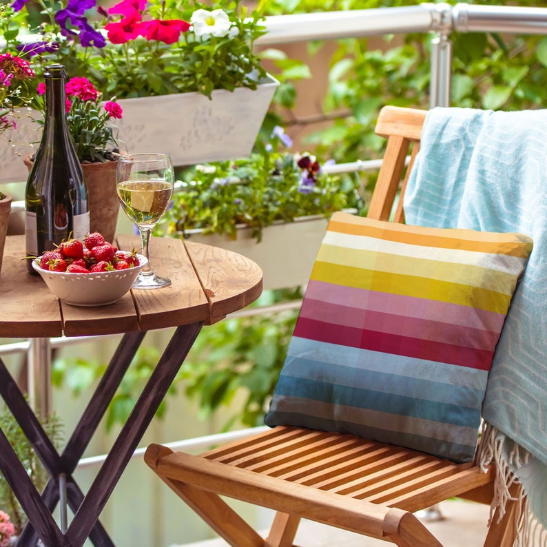 Water Resistant Garden Cushion, Outdoor Pillow Pixel Stripes Rainbow 43cm x 43cm with Inner Padding, Designed Handmade in UK by Celina Digby image 2