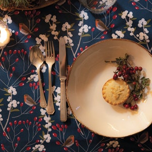 Celina Digby Designer Christmas Festive Water and Stain Resistant Indoors Outdoors Tablecloth Robin & Berries Navy AVAILABLE IN 6 SIZES image 1