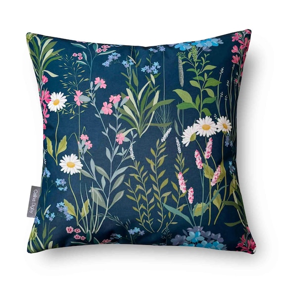 Water Weather Resistant Garden Cushion, Outdoor Pillow Forget me Not Navy Blue Floral, 2 Sizes inc Padding - Handmade in UK by Celina Digby