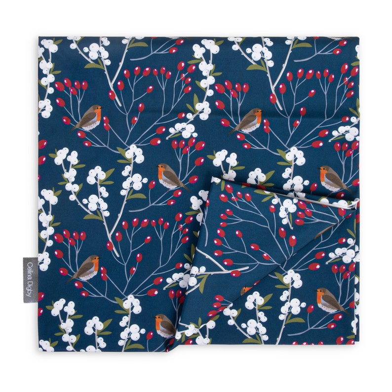 Celina Digby Designer Christmas Festive Water and Stain Resistant Indoors Outdoors Tablecloth Robin & Berries Navy AVAILABLE IN 6 SIZES image 2